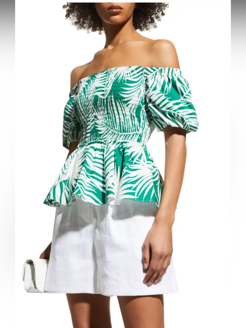 Milly Bailey Green and White Palm Print Peplum Off the Shoulder Top. M